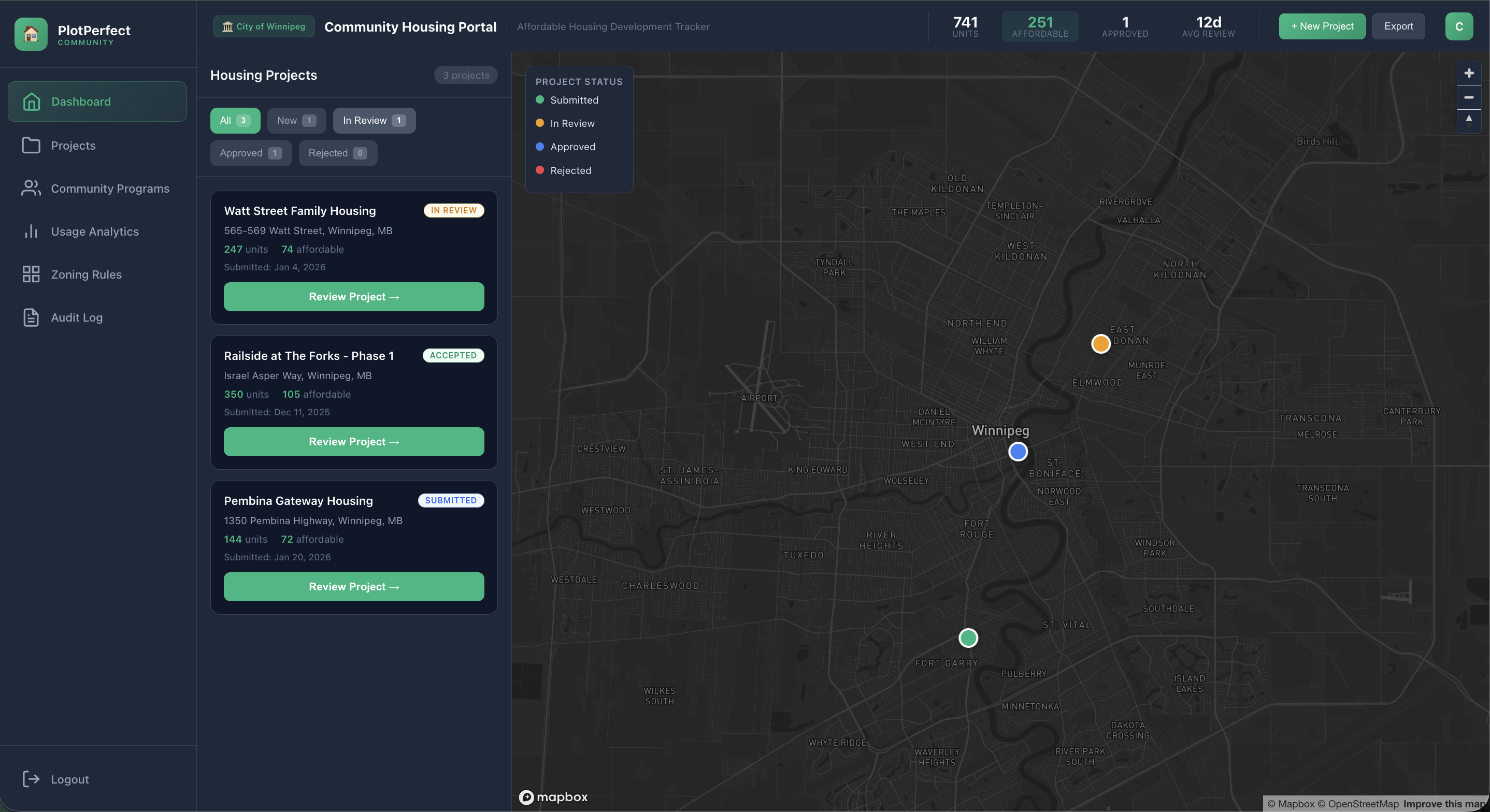 PlotPerfect community housing portal with project tracking