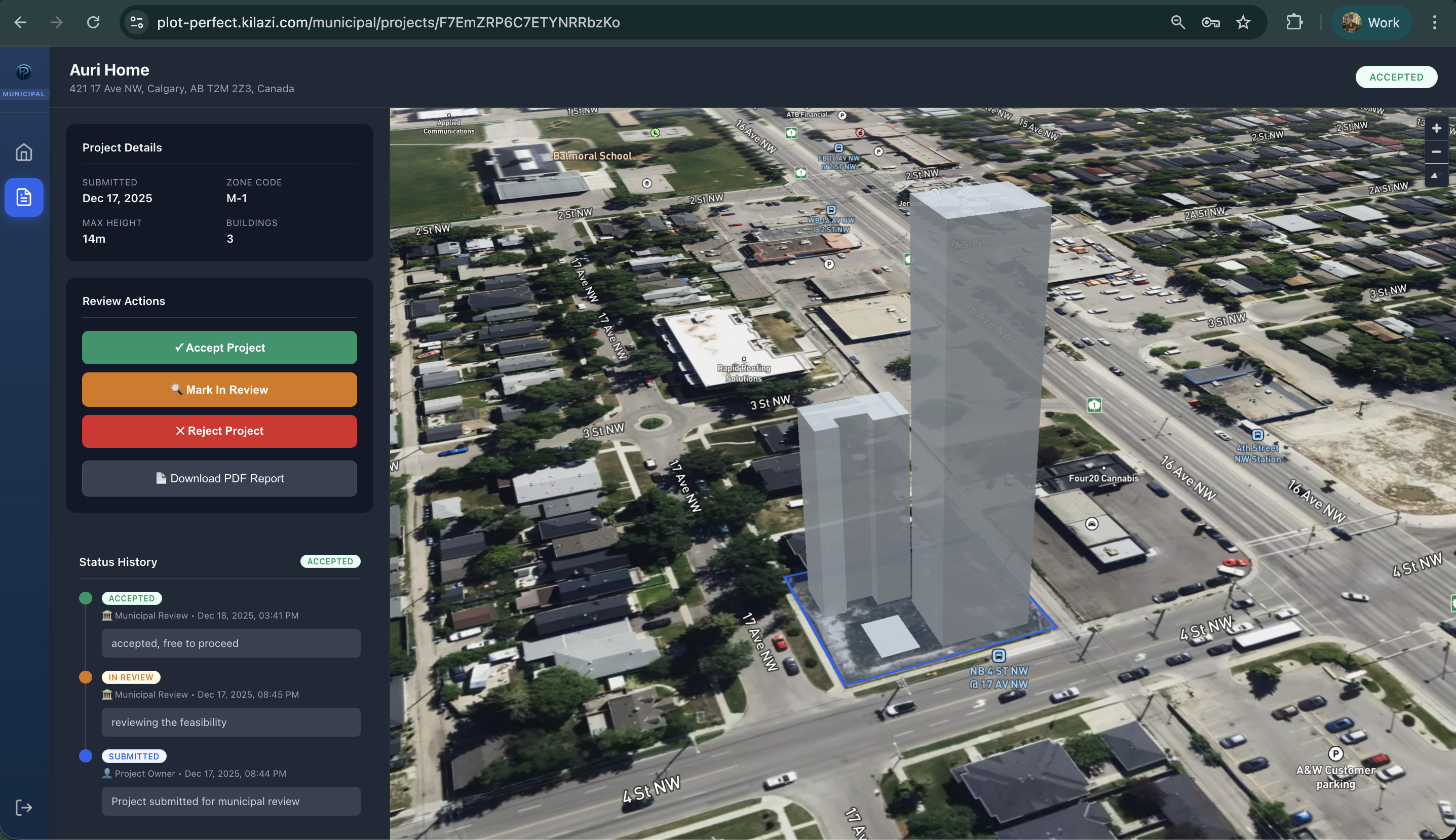PlotPerfect municipal review dashboard with accept and reject actions